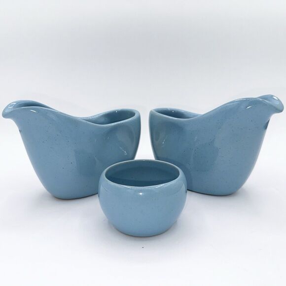 VTG Frankoma Pottery Lazy Bones Blue Creamers 4A & Open Sugar Bowl 504 Robin Egg - Picture 1 of 14
